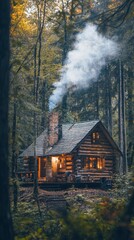 Rustic Cabin in the Woods at Dusk