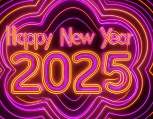 Neon sign wishing happy new year 2025 with purple and orange lights
