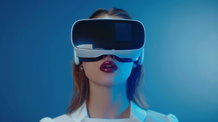 Fototapeta premium A young woman wearing opaque virtual reality goggles, with a surprised expression