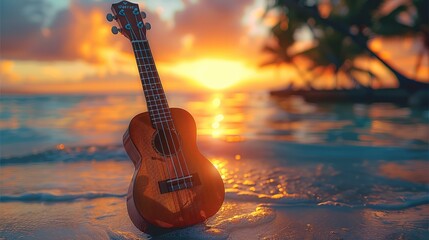 A ukulele in the foreground with an ocean and palm tree background, at sunset.