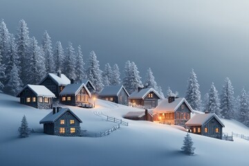 Fototapeta premium Winter christmas village with glowing chimneys snowy landscape