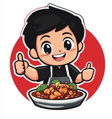 Animated young asian male chef with delicious dish offering thumbs up