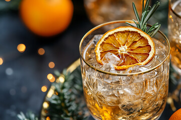 A gold-rimmed coupe glass holds a citrus cocktail on ice, garnished with dried orange slices and rosemary, exuding elegance and refreshing holiday vibes.