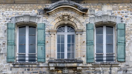 Ornate Stone Facade with Arched Windows and Decorative Shutters