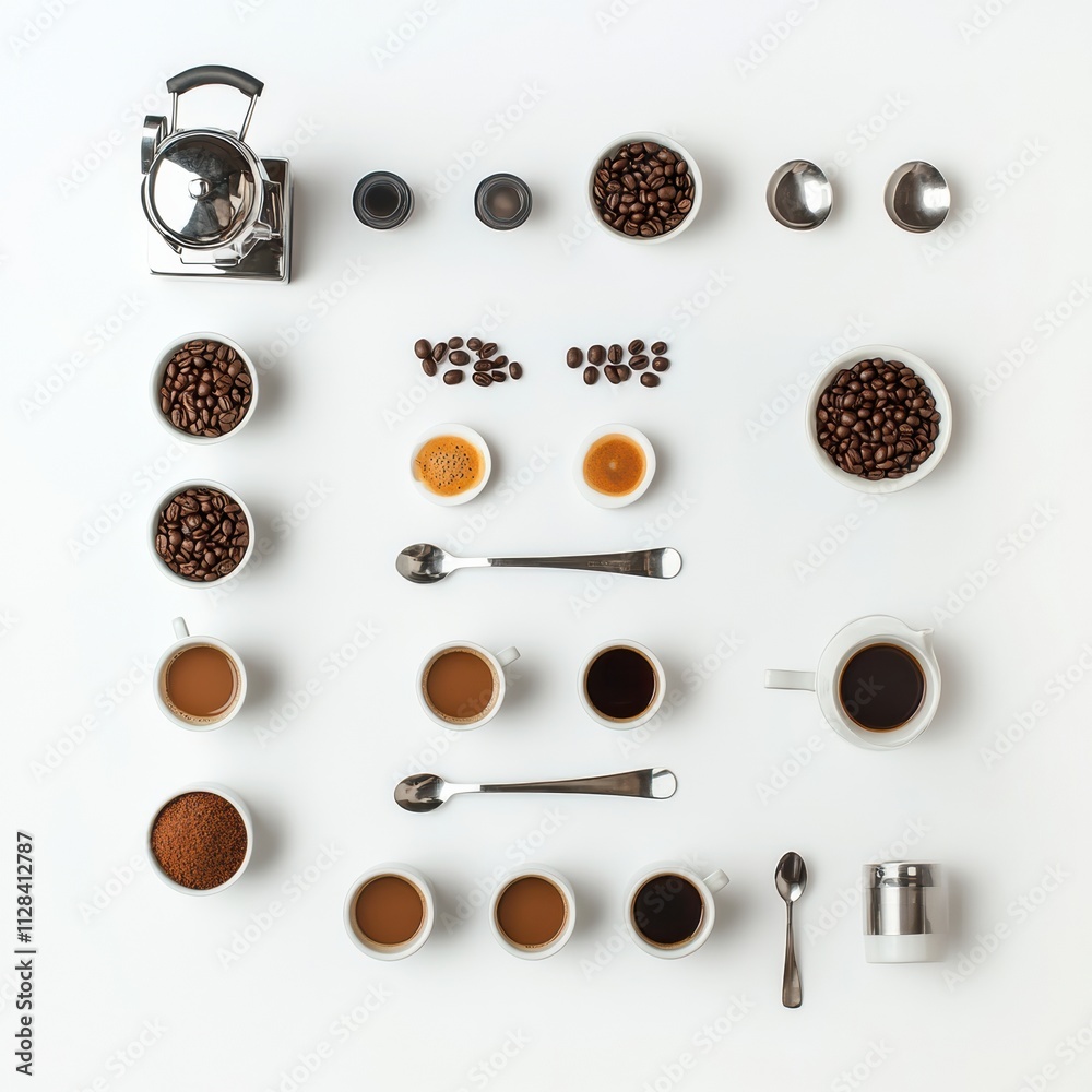 Poster a flat lay setup showcases various coffee cups, spoons, and beans alongside a coffee maker, inviting