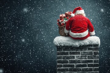 Santa's winter adventure climbing down a snowy chimney this christmas