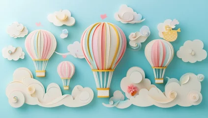  High-quality paper-cut artwork depicting pastel-colored hot air balloons with clouds against a blue background, 