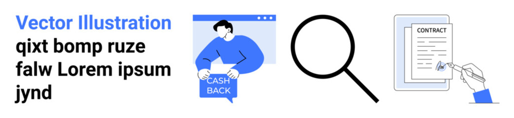 Man holding cash back sign, magnifying glass, pen signing a contract. Ideal for financial services, e-commerce, legal services, contracts, customer support, web design, mobile apps. Landing page