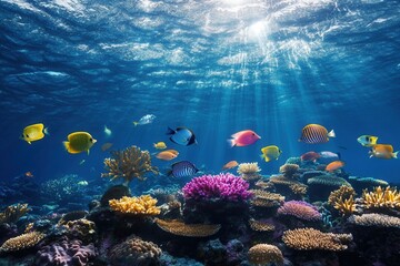 Fototapeta premium Colorful coral reef teeming with vibrant fish.