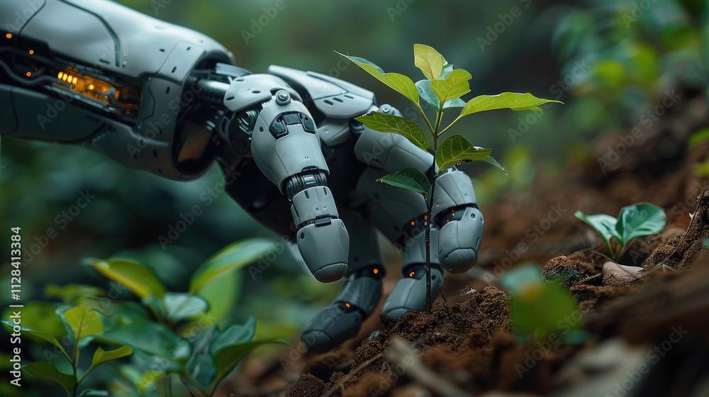 Poster a robotic hand planting a seedling in soil, representing innovation in technology, natural outdoor s