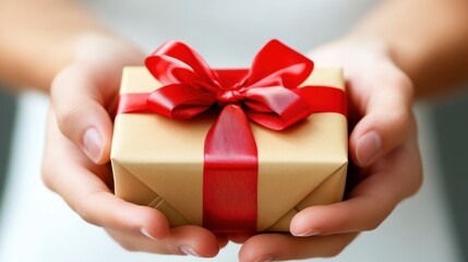 Hands Holding Beautifully Wrapped Gift with Red Ribbon Bow