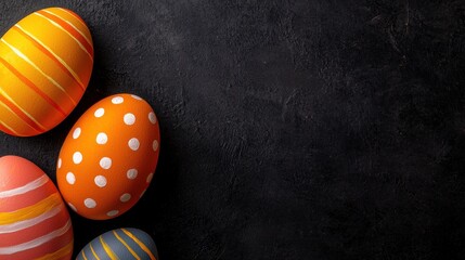 Fototapeta premium Colorful Easter Eggs with Stripes and Dots on Dark Background
