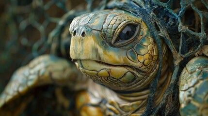 Naklejka premium Sea Turtle Entangled in Fishing Net: A Cry for Ocean Conservation