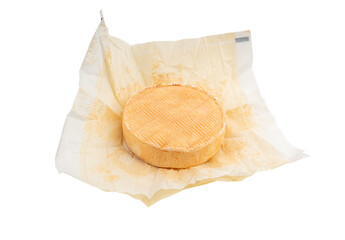 Munster cheese isolated, stinky french cheese, creamy dairy product, gourmet food, orange round cheese