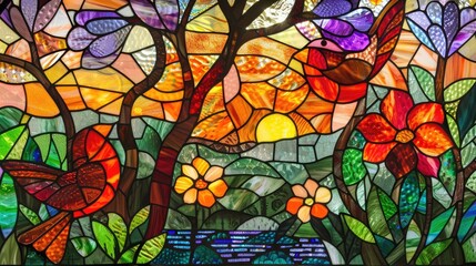 Stained glass window colorful leaves tree