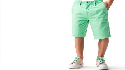 Child in stylish mint green shorts and casual shoes.