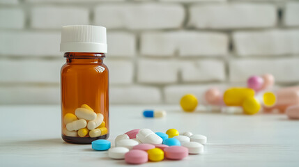 Assorted pills in various colors scattered around a glass bottle on a table with a brick wall background. Generative AI