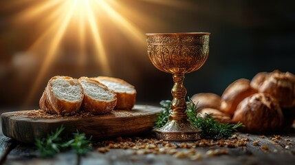chalice and bread on a wooden table dark background with sunrays the sacrament of holy communion