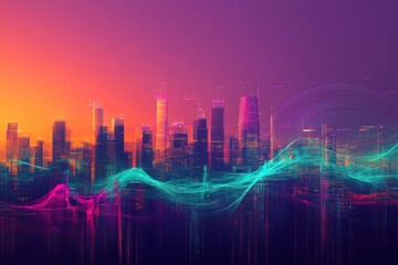 Fototapeta premium Abstract city skyline with vibrant colors and waves