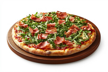 delicious fragrant pizza with tomatoes, basil, olives, green paprika and mushrooms. Italian pizza with spices, cheese and vegetables on white background