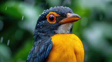 A vibrant bird with blue and yellow plumage, perched amidst rain-soaked foliage.