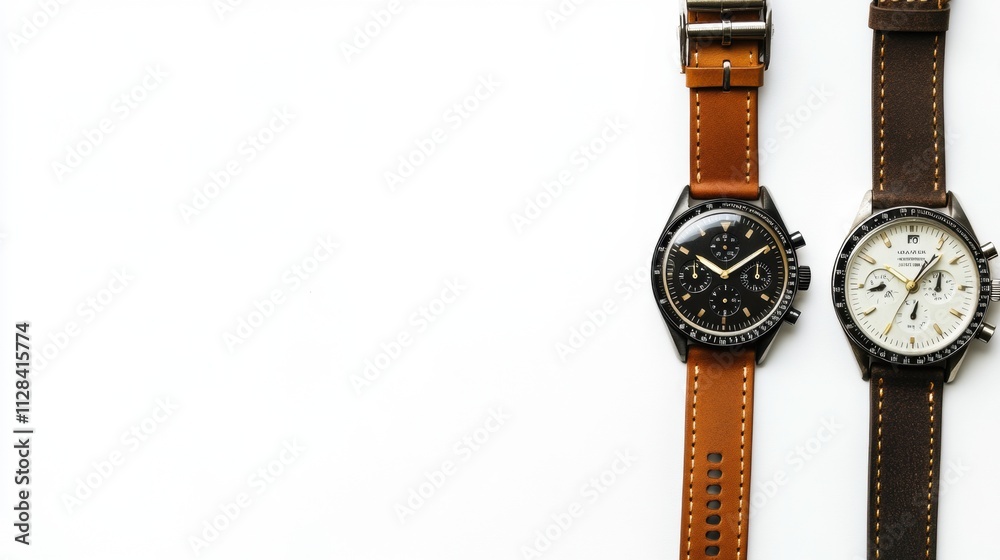 Poster Two wristwatches with distinct designs lie on a white background, allowing space for additional text and branding elements. Generative AI