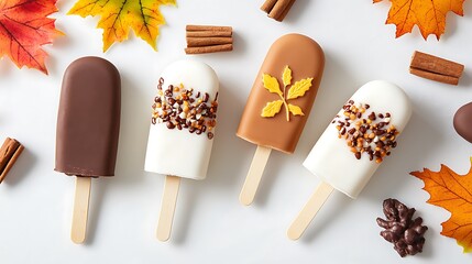 A colorful display of autumn-themed ice cream pops, adorned with spices and leaves, surrounded by dried leaves and cinnamon sticks.