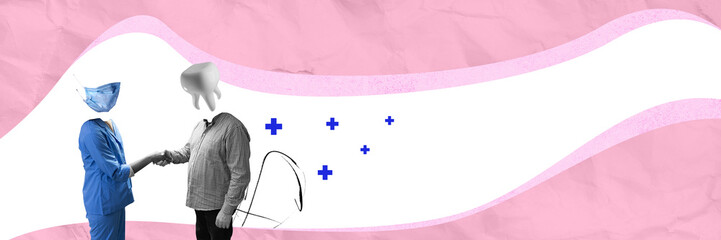 Dental professional shaking hands with patient, represented by a tooth-headed figure, against pink and white abstract background. Contemporary art collage. Dental care, medicine, health care concept