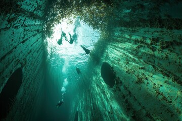 Divers exploring an underwater structure surrounded by kelp.