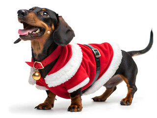 A cheerful Dachshund dressed in a festive red sweater and a Santa hat, embodying the playful spirit of the holiday season, perfect for pet lovers and festive cheer.