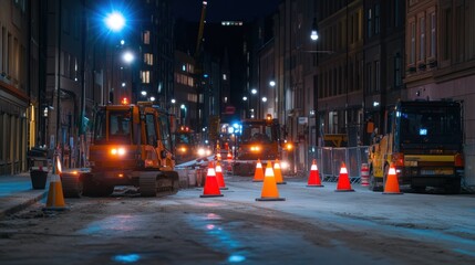 Nighttime construction scene with machinery and cones