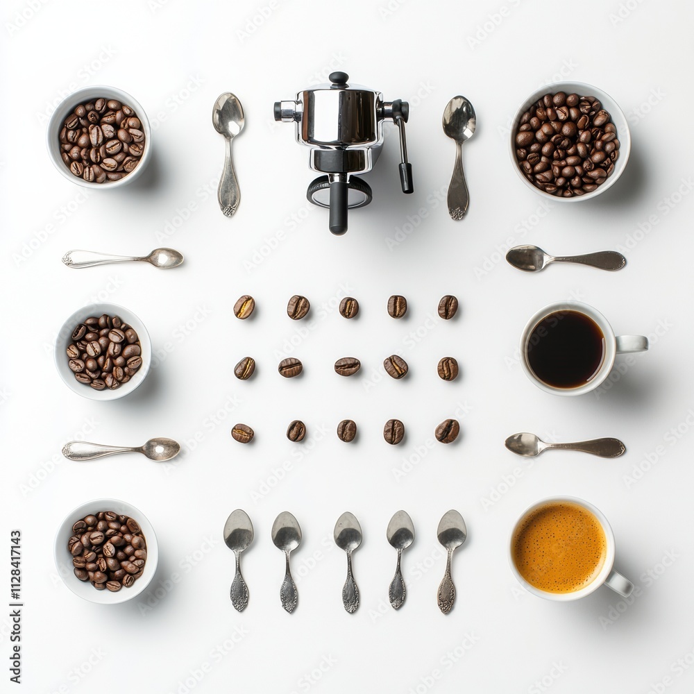 Aufkleber Flat lay showcases coffee beans, cups, spoons, and a coffee maker, creating an inviting atmosphere for enjoying fresh coffee. Generative AI