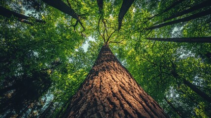 Naklejka premium Majestic View of Towering Tree with Lush Green Leaves Against a Bright Sky Captured from a Unique Low Angle Perspective in a Serene Forest