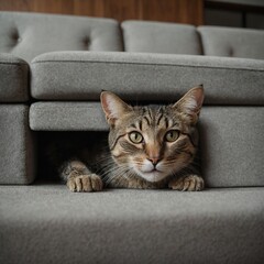 A mischievous cat peeking out from under a modern couch.