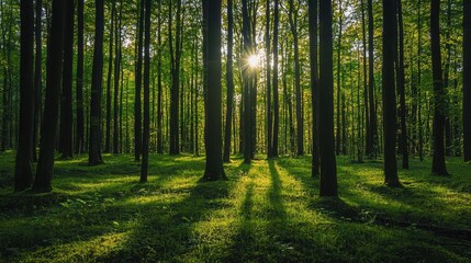 Obraz premium Sunlight Filters Through Lush Green Forest, Creating Serene Atmosphere With Tall Trees and Gentle Shadows on the Vibrant Ground