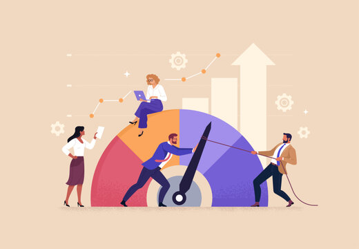 Employee Skills Performance concept. Vector cartoon illustration of a group of diverse people working in front of a meter and increasing its readings. Isolated on background.