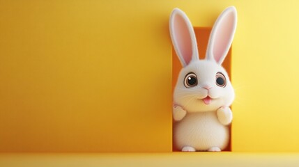 Obraz premium Adorable Easter Bunny Peeking Through Yellow Wall