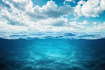 Serene ocean view with clear blue water and clouds.