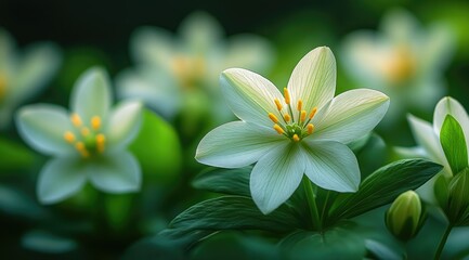 Obraz premium Close-up of delicate white flowers with yellow centers, surrounded by lush green foliage in soft sunlight.