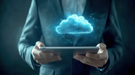 A suited professional engages with a tablet featuring a digital cloud icon, illustrating the significance of cloud technology and its influence on contemporary business operations and communications.