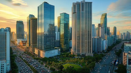 Fototapeta premium A vibrant city skyline at sunset, showcasing modern architecture and bustling traffic.