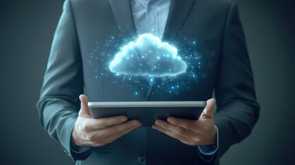 A professional figure showcases a tablet with an ethereal cloud graphic, illustrating the modern approach to data storage solutions and the importance of technology in today's business.