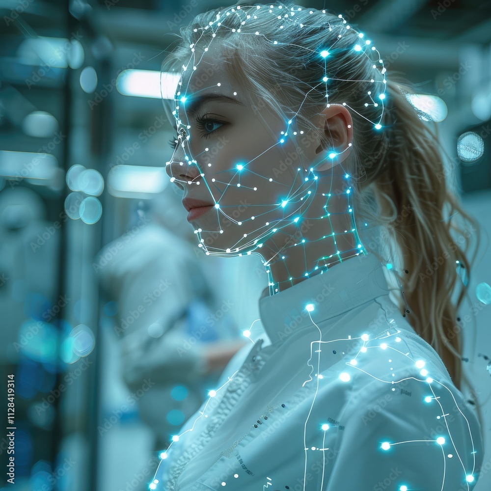 Poster a female doctor with a neural network of artificial intelligence in the background, white pale blue 
