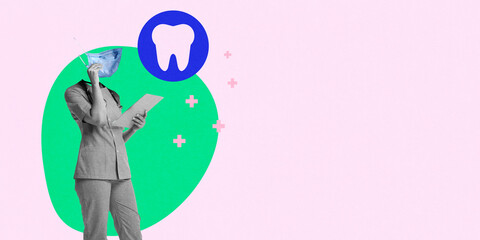 Dentist in mask holding clipboard, with tooth graphics and medical symbols on pastel-colored abstract background. Treatment. Contemporary art collage. Concept of dental care, medicine, health care