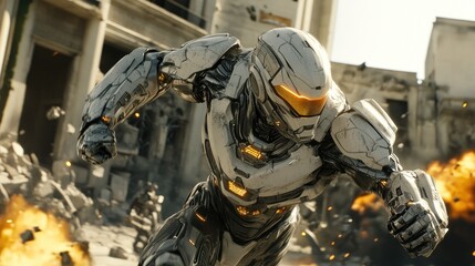 Obraz premium Futuristic armored figure in an explosive action scene