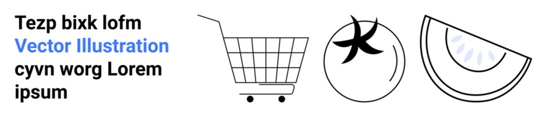 Three simplified vector icons include a shopping cart, a tomato, and a slice of watermelon. Ideal for online shopping, grocery delivery apps, food stores, organic produce, healthy eating, nutrition