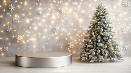 Festive christmas scene with decorated tree and snowflake background on textured surface