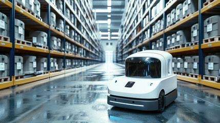 A futuristic mobile robot in a distribution center floor.
