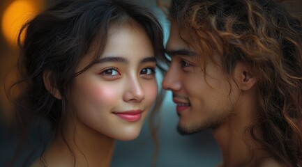 Close-up portrait of a young Asian couple, woman looking at camera, man whispering.