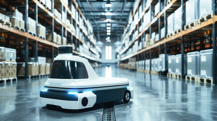 A futuristic mobile robot in a distribution center floor.